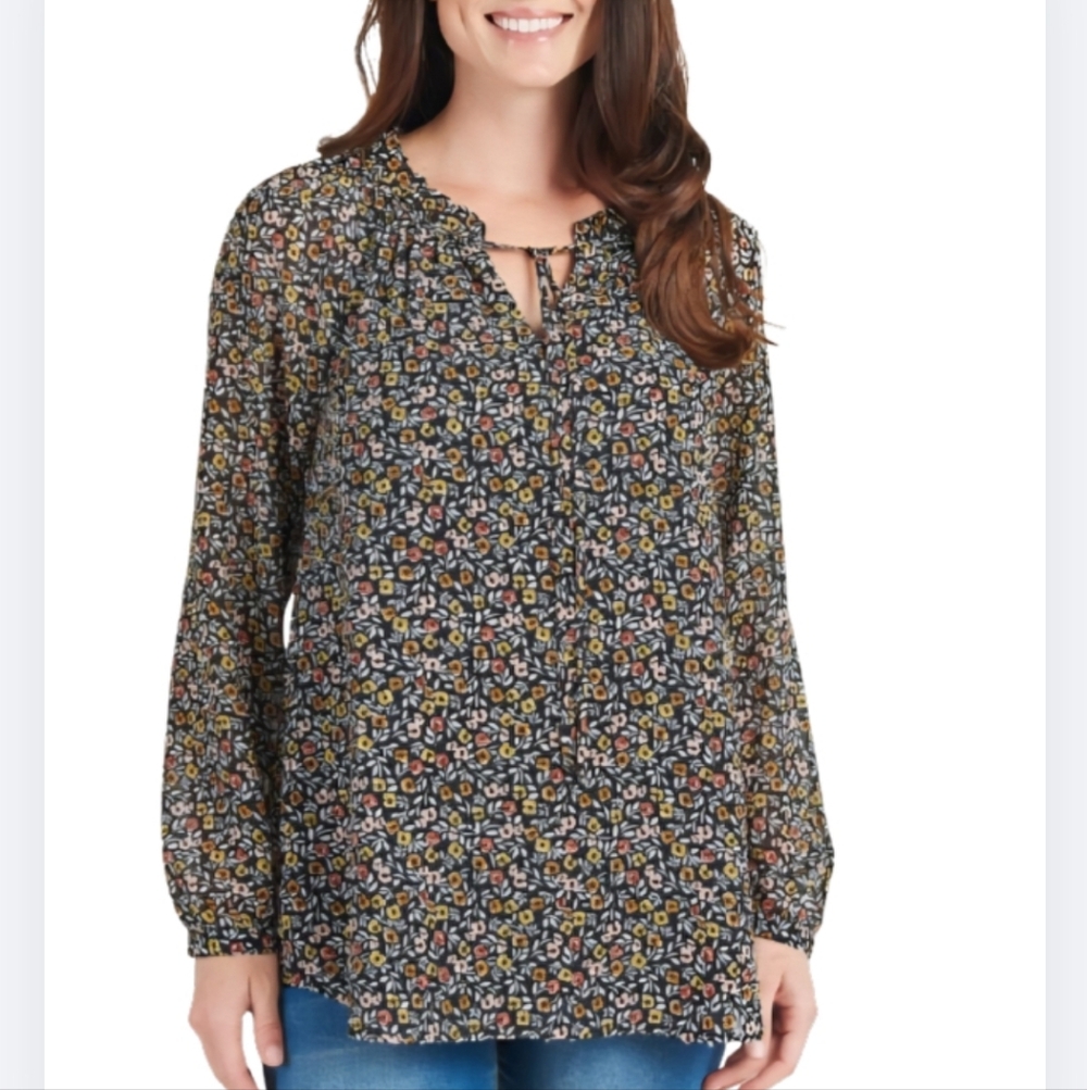 Stitchfix Les Serein Top Black Floral Blouse Size XL Ruffle Tie Neck Long Sleeve